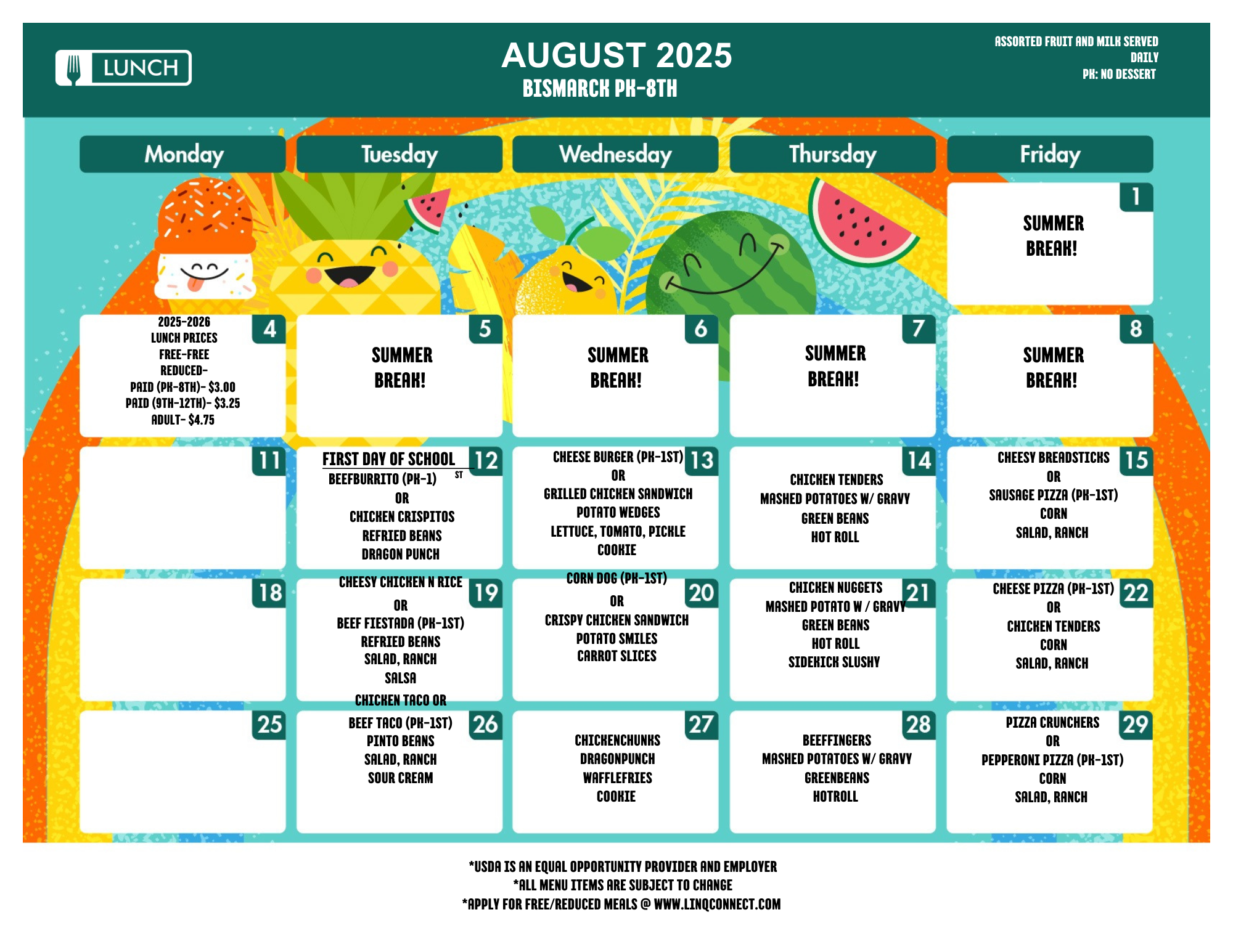 2025 August PK-8th Lunch Menu